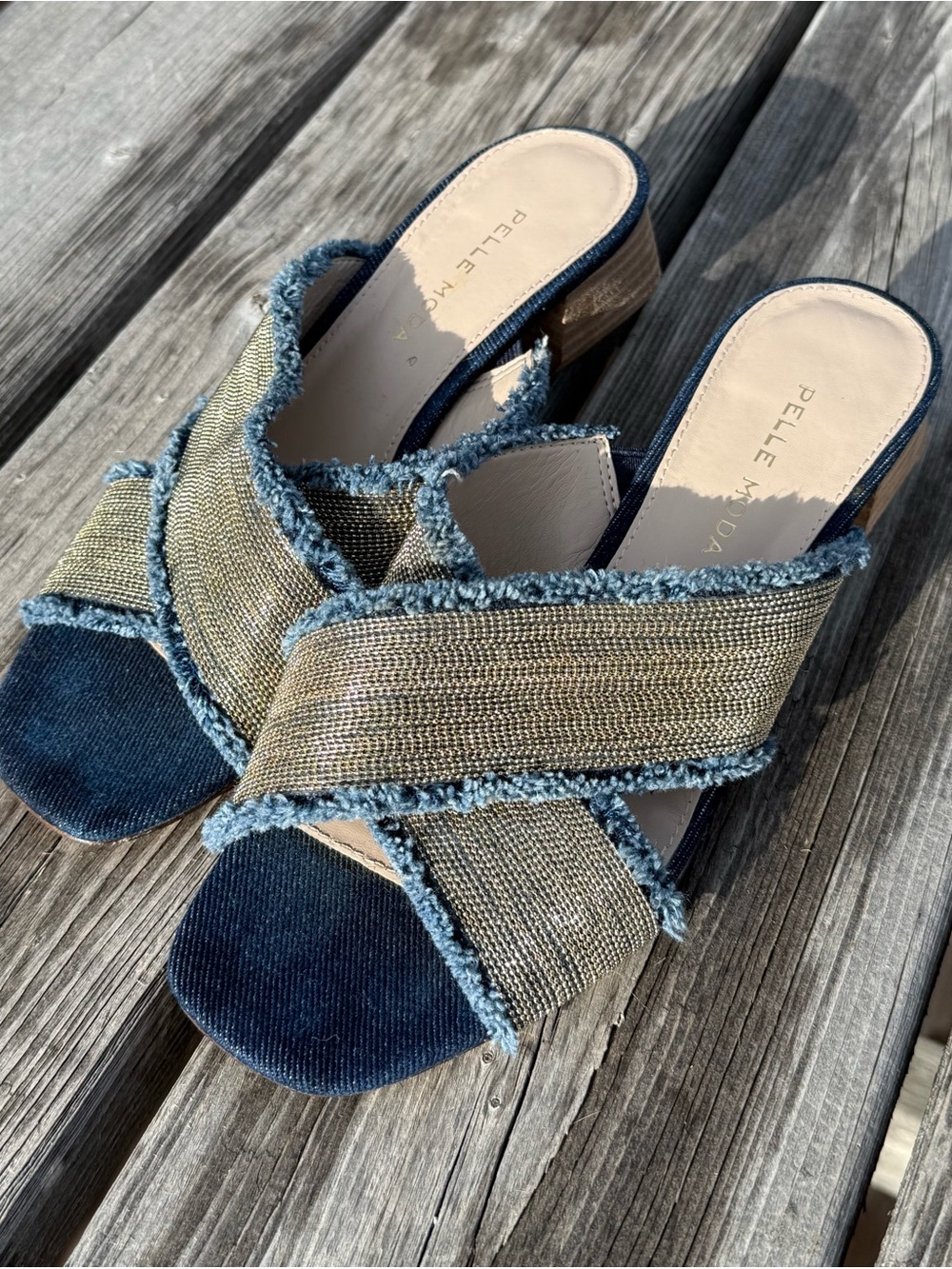 Pelle Moda Navy and Gold Crossband Slide Heels